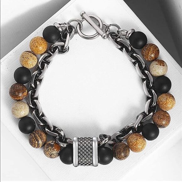Men’s Natural Stone Chain Link Bracelet - Picture 4 of 4